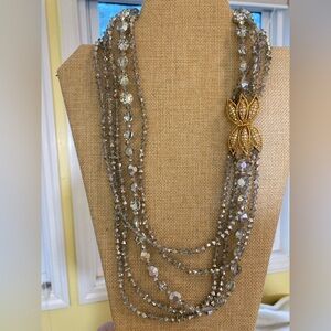 Multi-Strands Crystals‎ Beaded Necklace with Fancy Clasp Side Pendant Vintage